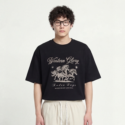 复古奔马印花短袖T恤宽松西部