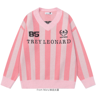 From Mars 开启新篇章 慵懒风条纹V领宽松撞色休闲针织衫毛衣女bf