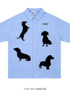 From Mars 小狗影子 潮牌条纹翻领短袖上衣宽松百搭男女休闲衬衫