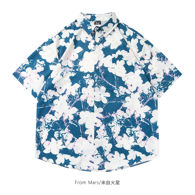 From Mars 涂鸦撞色花朵日系原宿短袖衬衣潮牌宽松bf夏威夷风衬衫