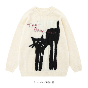 legged cat jacquard From neck Long round sweater Mars
