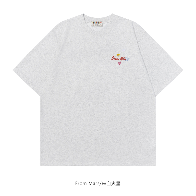 字母花卉刺绣圆领短袖T恤夏情侣