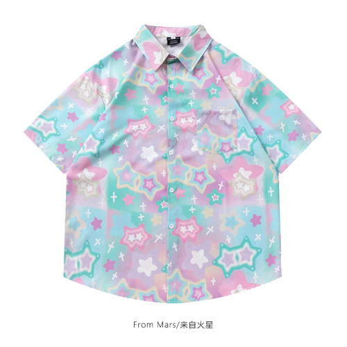 印花短袖衬衫宽松休闲翻领衬衣