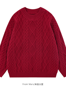 From Mars 喜气洋洋 潮牌复古本年年红色针织衫宽松情侣圆领毛衣