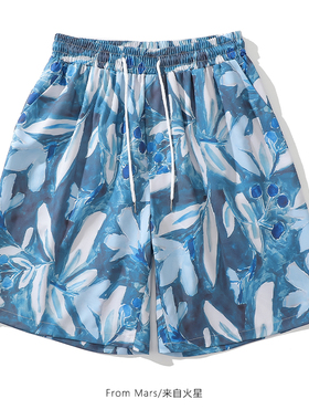 From Mars 蓝色涂鸦油画花朵满印短裤潮牌夏威夷风宽松休闲沙滩裤