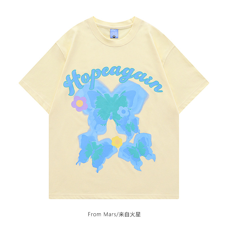 from mars 天蓝的蝴蝶 日系潮牌蝴蝶印花短袖宽松情侣百搭圆领t恤
