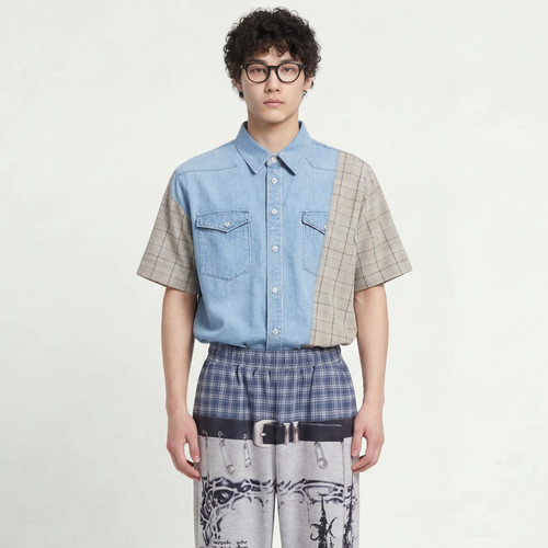 牛仔格纹假两件拼接短袖衬衫