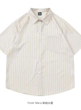 From Mars温文尔雅 日系复古简约条纹短袖衬衣设计感休闲宽松衬衫