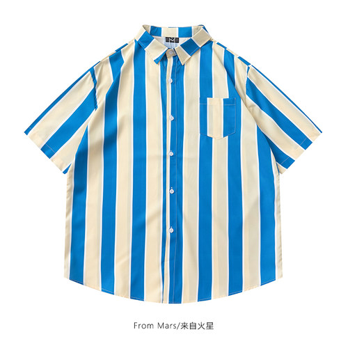 拼色竖条纹短袖衬衫宽松休闲