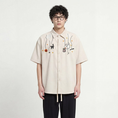 突然来了趣味猫咪刺绣短袖衬衫