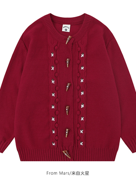 From Mars美好心愿 国潮复古牛角扣红色毛衣宽松休闲开衫针织外套