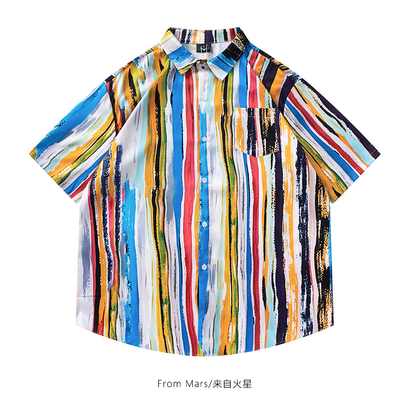 From Mars 雨后彩虹 原创设计感彩色竖条纹翻领短袖衬衫宽松休闲