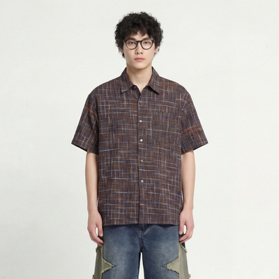 棕紫格纹短袖衬衫宽松休闲衬衣