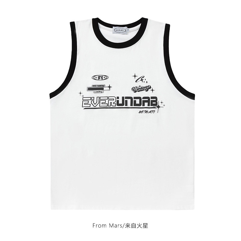 from mars 没有结局 美式字母印花圆领拼接无袖背心坎肩宽松情侣