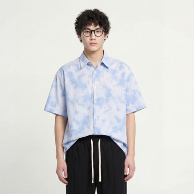 蓝染条纹宽松翻领短袖男女同款