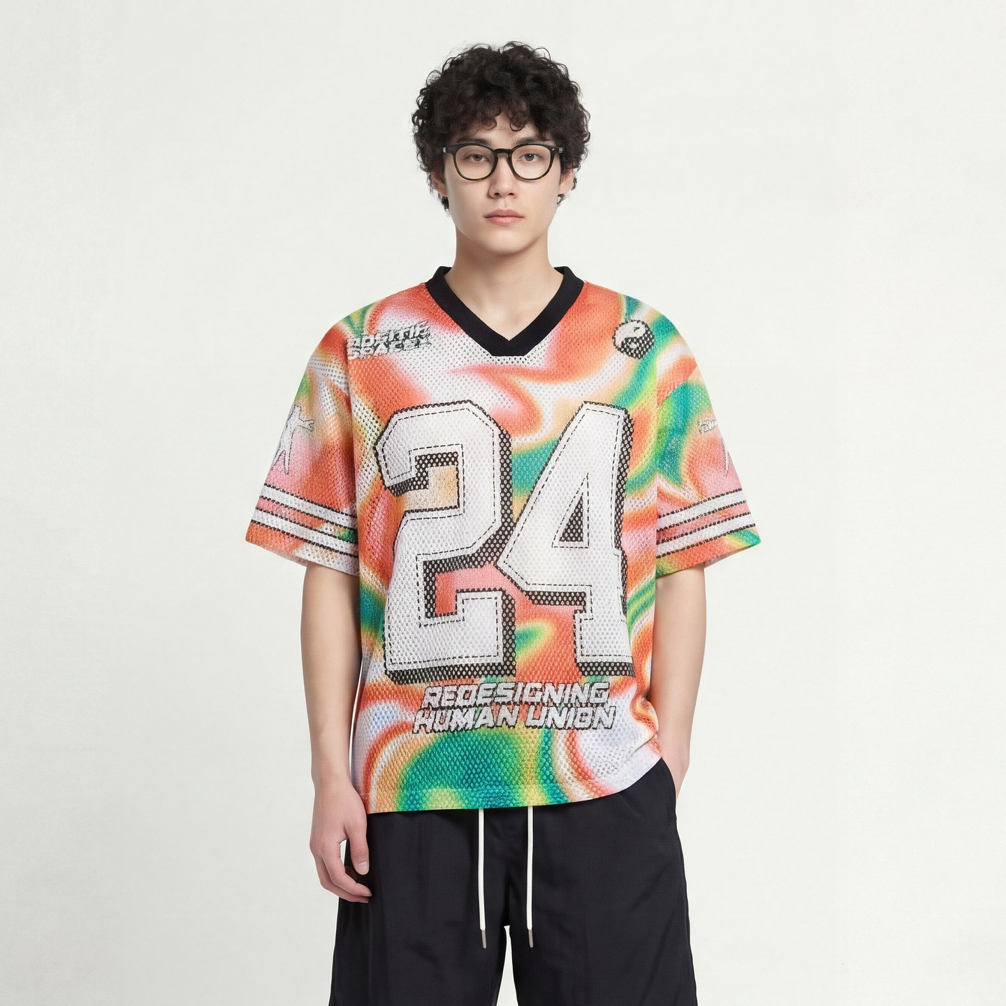 From Mars 找找快乐 日系运动风宽松V领男女球衣夏季短袖T恤百搭