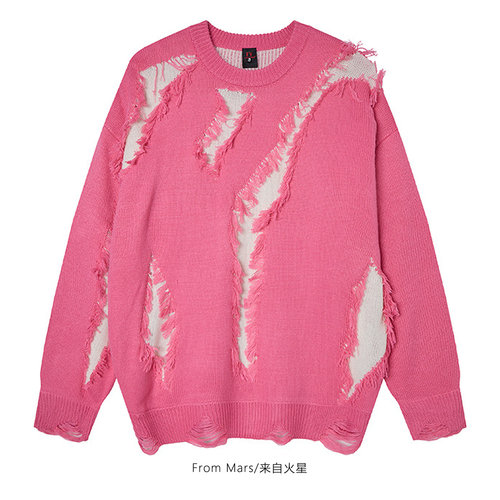 日常跑步破洞撞色男女宽松毛衣