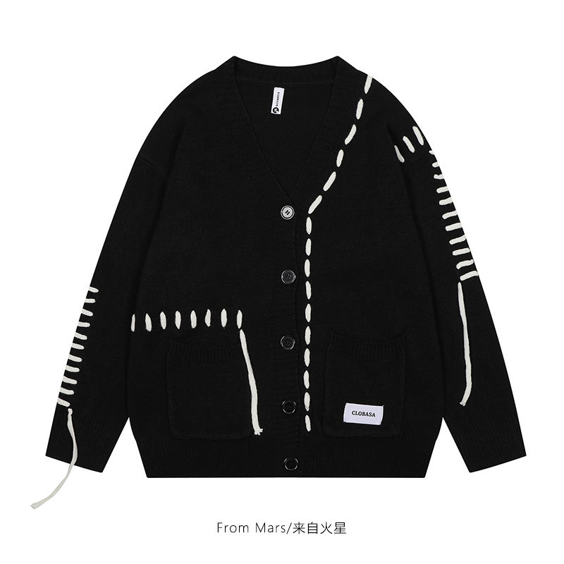 潮牌高街复古V领设计感开衫毛衣