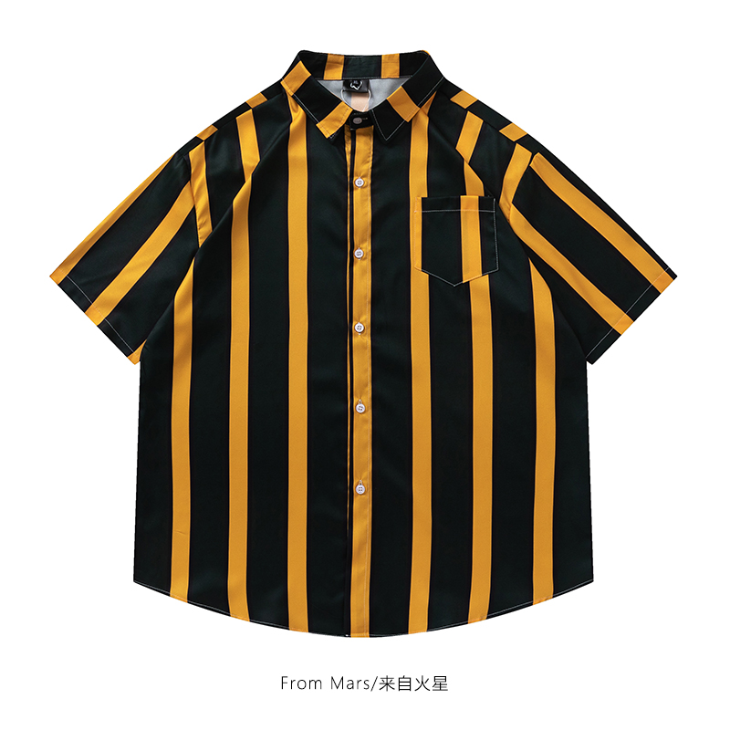 撞色竖条纹翻领短袖衬衫宽松休闲