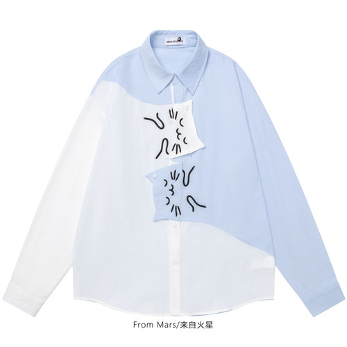 休闲小猫vintage撞色长袖衬衫