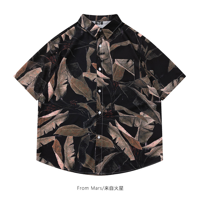 From Mars枯萎的树叶 美式复古枯叶印花短袖衬衫宽松休闲衬衣外套