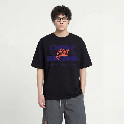 撞色标语印花短袖T恤宽松落肩