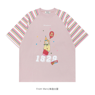 T恤宽松上衣 From Mars 一鼓作气 国潮甜美条纹撞色插肩圆领短袖