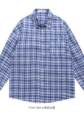 From Mars蓝色格纹 复古衬衫格子衬衣高街百搭设计感长袖休闲宽松