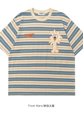 From Mars 没有名字 日系原宿风条纹圆领可爱百搭宽松情侣短袖T恤