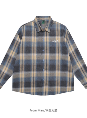 From Mars 真诚相待 欧美高街绣标蓝色格子长袖衬衫宽松休闲外套