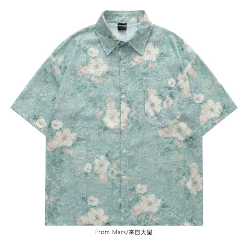 浮纹栖花口袋花卉印花短袖衬衫