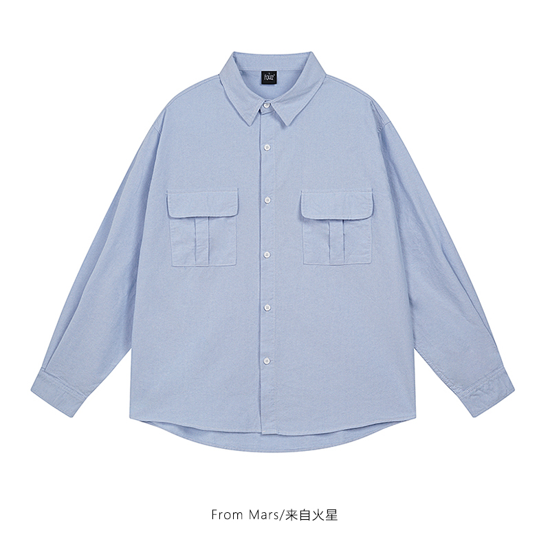 时尚简约纯色宽松多口袋长袖衬衫