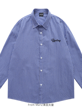 From Mars 时髦复古 休闲蓝色格子撞色长袖衬衫小众设计感宽松ins