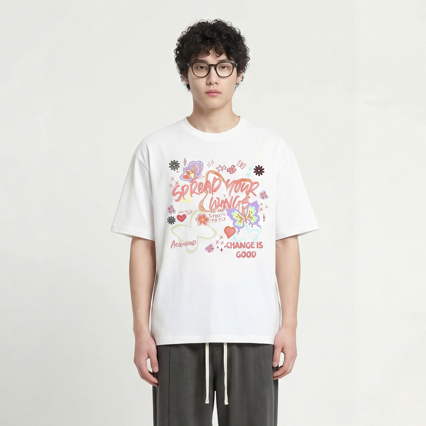 From Mars 涂鸦蝴蝶花卉 短袖黑底撞色个性半袖上衣美式街头