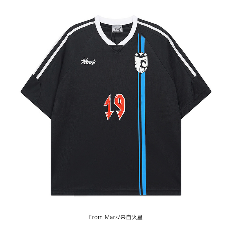 撞色条纹V领宽松情侣短袖T恤