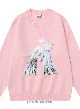 From Mars 近日小欢喜 潮ins卡通蝴蝶结V领宽松休闲针织衫毛衣女