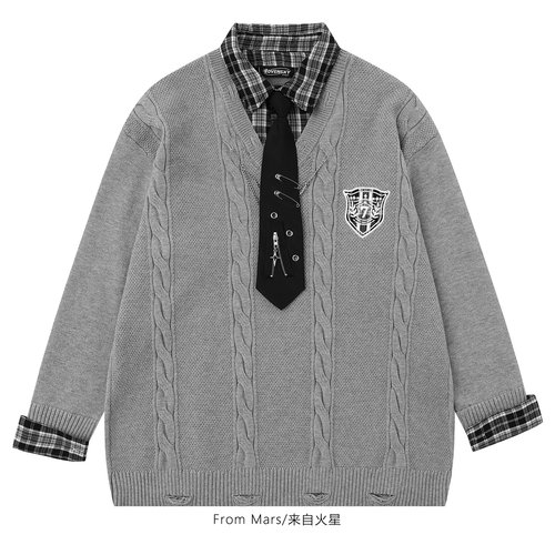 宽松格子拼接针织衫毛衣情侣bf