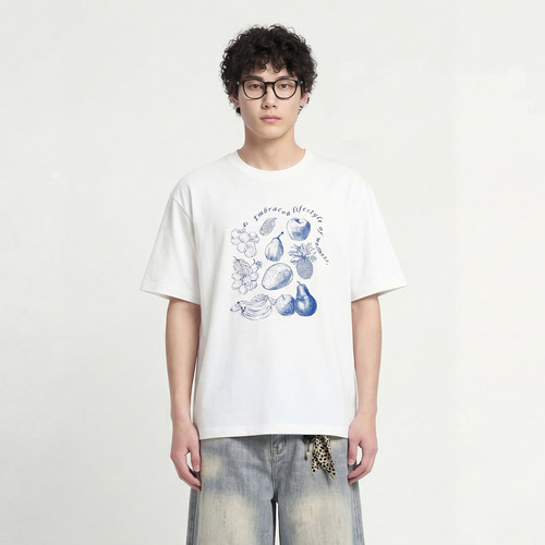 线稿杂果做旧水果印花短袖T恤