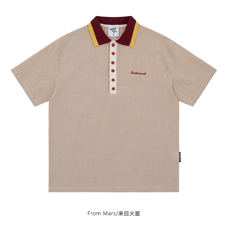 格子设计宽松翻领排扣POLO衫情侣