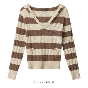 From Mars 这样下去 条纹连帽V领女款针织衫修身chic毛衣潮牌时尚