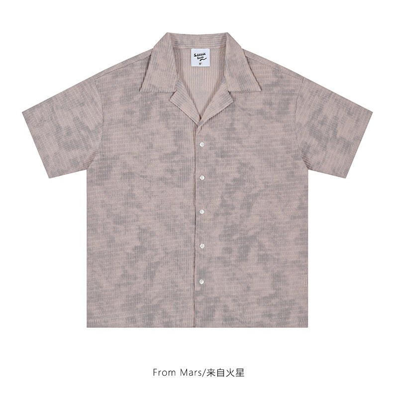 From Mars 时间证明 复古渐变做旧古巴领宽松bf百搭男女短袖衬衫