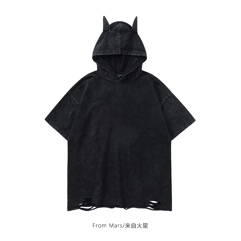 破洞洗水短袖T恤宽松情侣bf