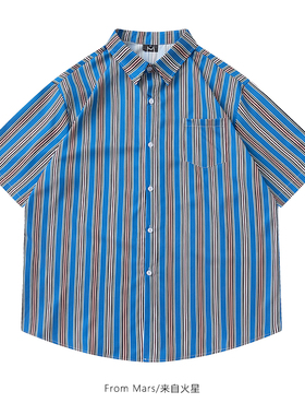 From Mars 沉静和平和 美式潮牌蓝色竖条纹时尚短袖衬衫宽松百搭