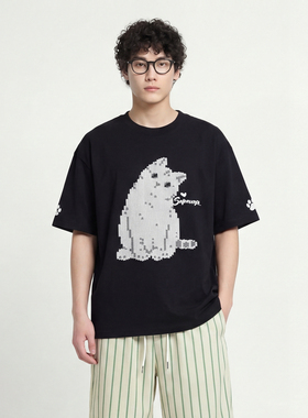 FromMars Tilt head kitten round collar short-sleeved T-shirt