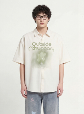 From Mars 渐变绿色 字母印花设计感宽松BF休闲潮牌百搭短袖衬衫