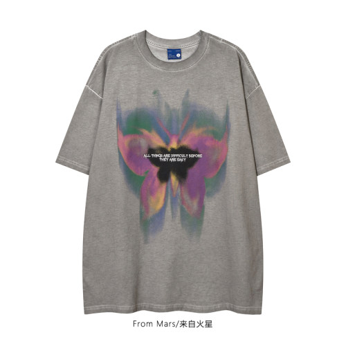 蝴蝶印花水洗个性宽松短袖T恤夏