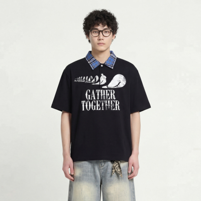 蓝格领撞色赛车风刺绣Polo衫潮