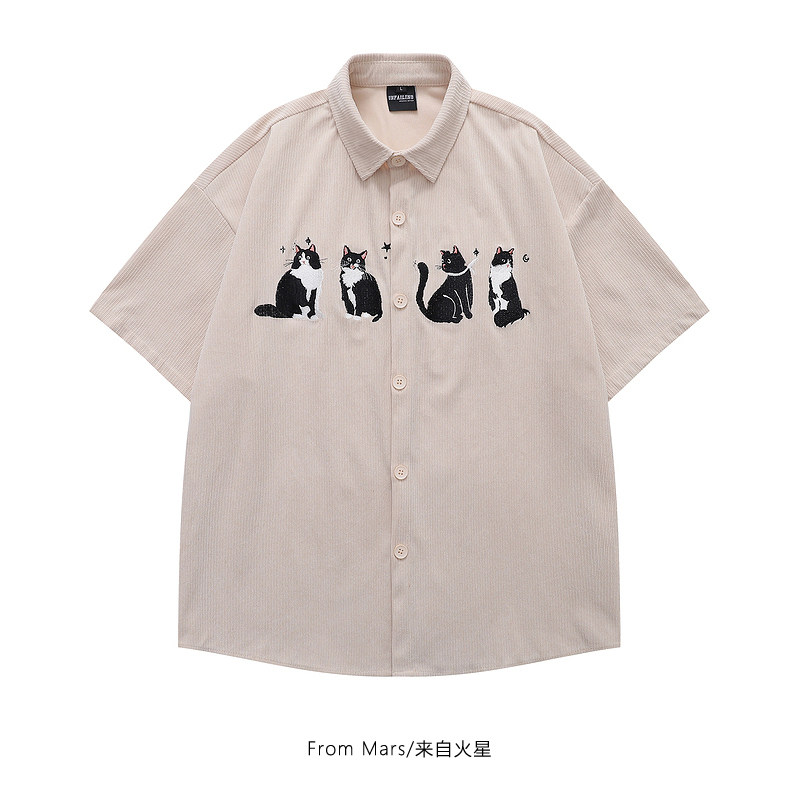 From Mars 可爱奶牛猫 夏季刺绣古着感vintage宽松男女短袖衬衫BF