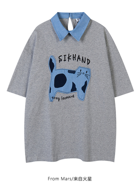From Mars 蓝色喵狗 韩版小众设计感卡通动物翻领polo上衣休闲潮