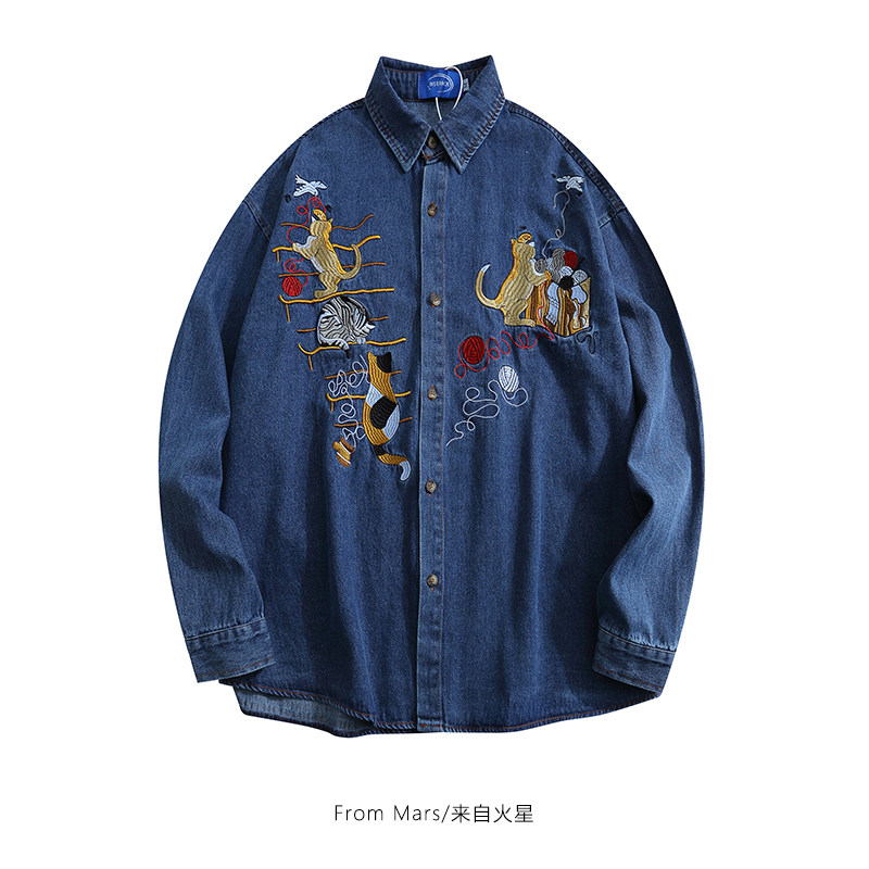 From Mars 毛线猫咪 潮牌小猫刺绣翻领宽松百搭休闲牛仔长袖衬衫